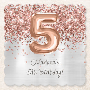 Rose Gold Silver 5th Birthday Party Paper Coaster