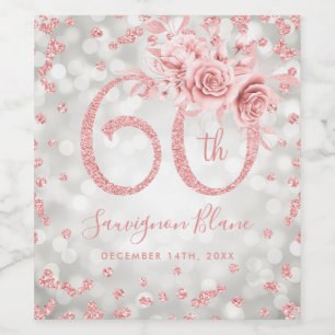 Rose Gold Silver 60th Birthday Floral Glam Lights  Wine Label