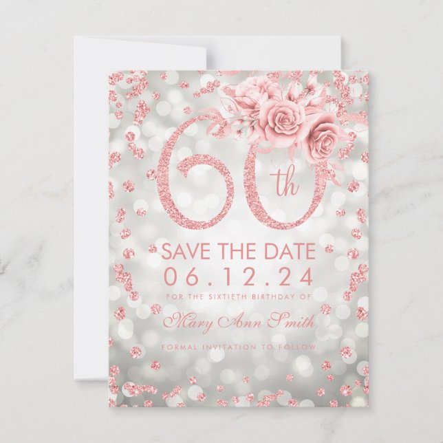 Rose Gold Silver 60th Birthday Glam Lights  Save The Date (Front)