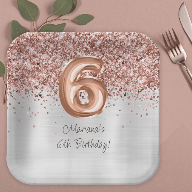  Rose Gold Silver 6th Birthday Party Paper Plate (Creator Uploaded)