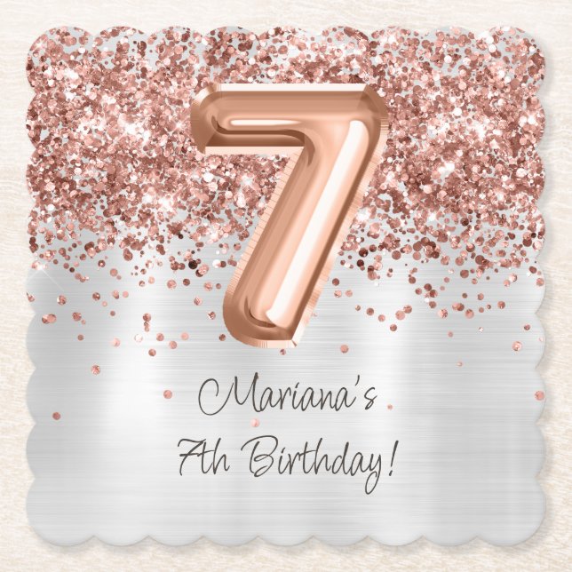  Rose Gold Silver 7th Birthday Party Paper Coaster (Front)