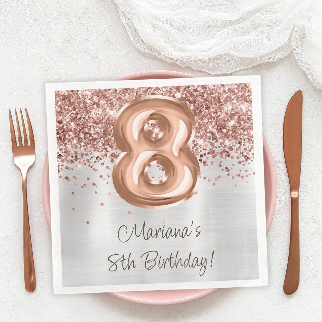 Rose Gold Silver 8th Birthday Party Napkin (Creator Uploaded)