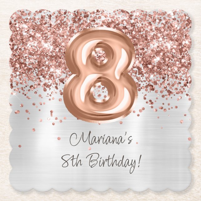  Rose Gold Silver 8th Birthday Party Paper Coaster (Front)