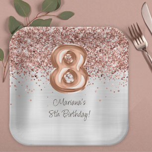  Rose Gold Silver 8th Birthday Party Paper Plate