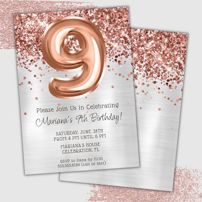Rose Gold Silver 9th Birthday Party Invitation (Creator Uploaded)