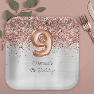 Rose Gold Silver 9th Birthday Party Paper Plate