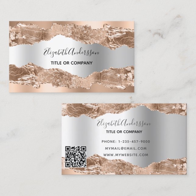 Rose gold silver agate marble qr code business card (Front/Back)