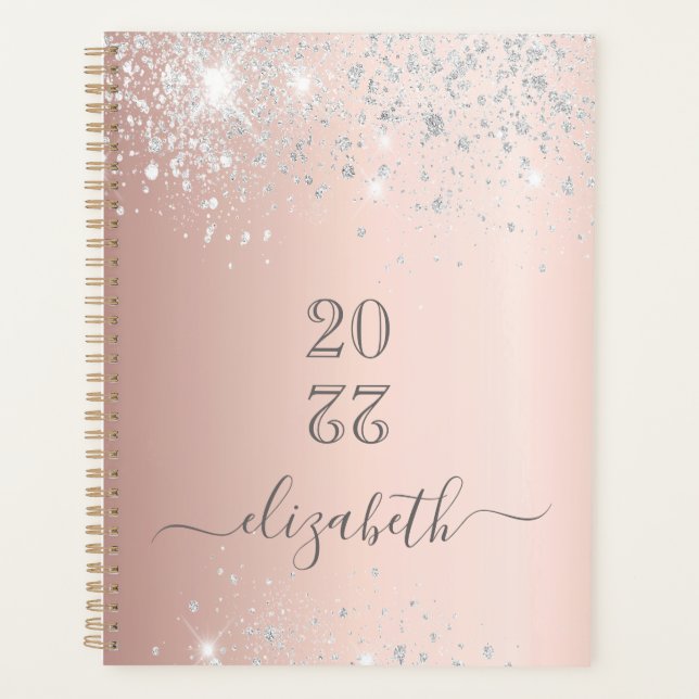 Rose gold silver blush glitter monogram 2025 planner (Front)