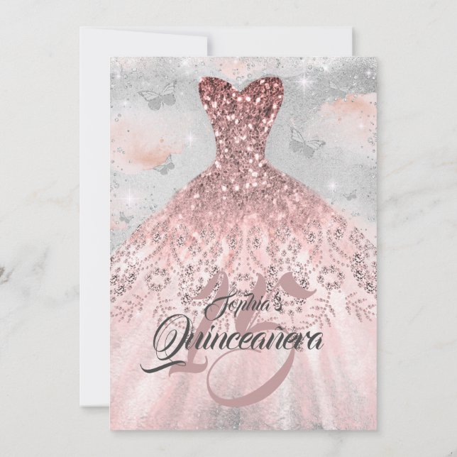 Rose Gold Silver Butterfly Dress Quinceanera  Invitation (Back)