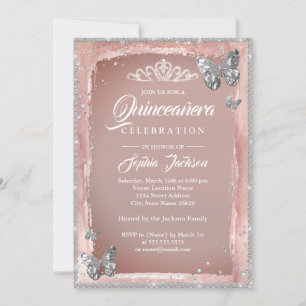 Rose Gold Silver Butterfly Sparkle Quinceanera Invitation