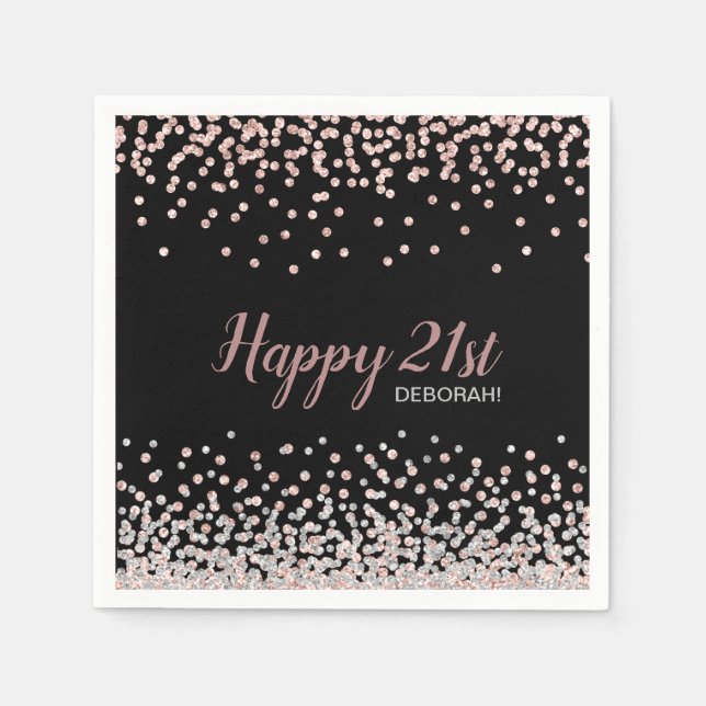 Rose Gold Silver Confetti 21st Birthday Party Napkin (Front)