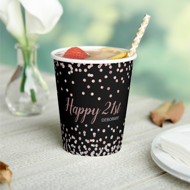 Rose Gold Silver Confetti 21st Birthday Party Paper Cups (Insitu)