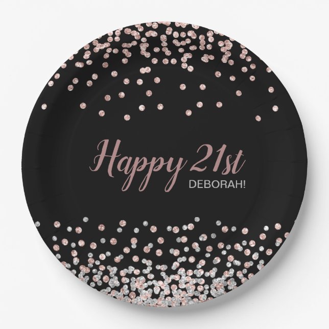 Rose Gold Silver Confetti 21st Birthday Party Paper Plate (Front)