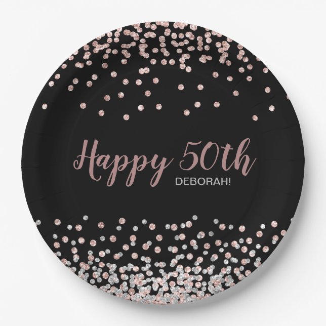 Rose Gold Silver Confetti 50th Birthday Party Paper Plate (Front)