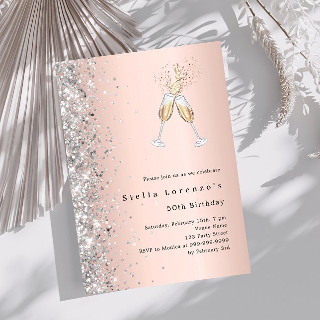 Rose gold silver confetti cheers birthday invitation (Creator Uploaded)