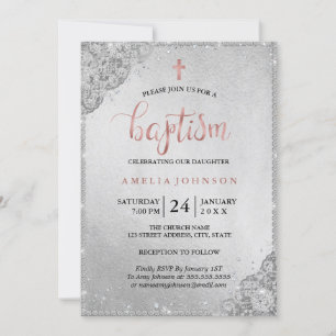 Rose Gold Silver Diamond Lace Cross Baptism Invitation