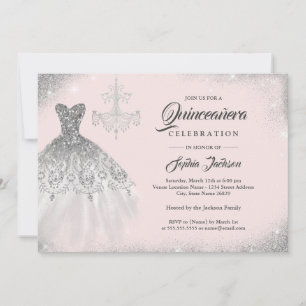 Rose Gold Silver Diamond Lace Gown Quinceanera Invitation