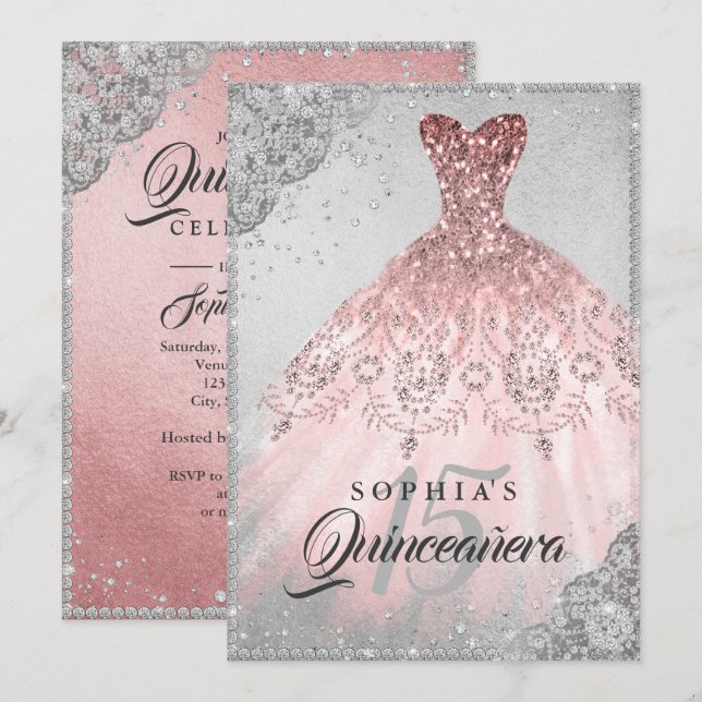 Rose Gold Silver Diamond Sparkle Gown Quinceanera Invitation (Front/Back)