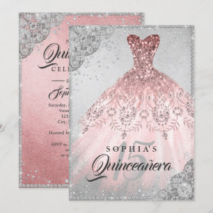Rose Gold Silver Diamond Sparkle Gown Quinceanera Invitation