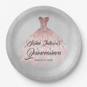 Rose Gold Silver Diamond Sparkle Gown Quinceanera Paper Plate
