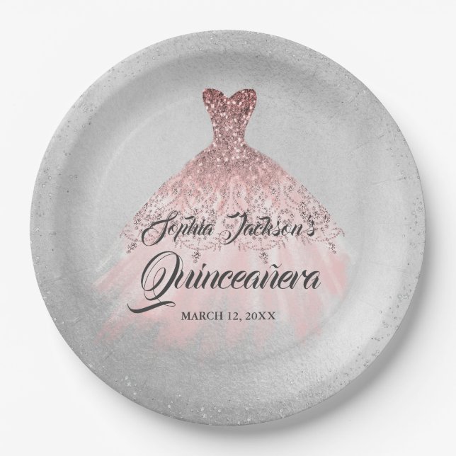 Rose Gold Silver Diamond Sparkle Gown Quinceanera Paper Plate (Front)