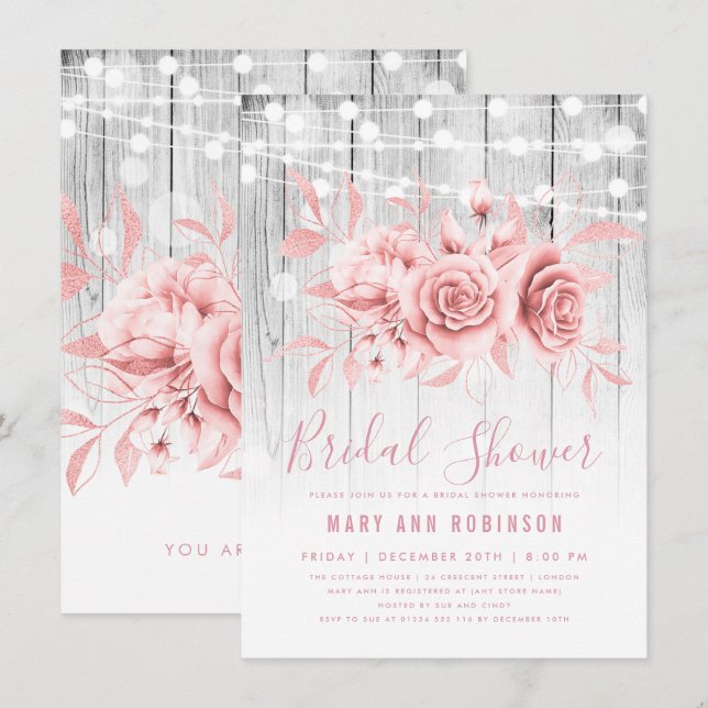 Rose Gold Silver Floral Bridal Shower Invitation (Front/Back)