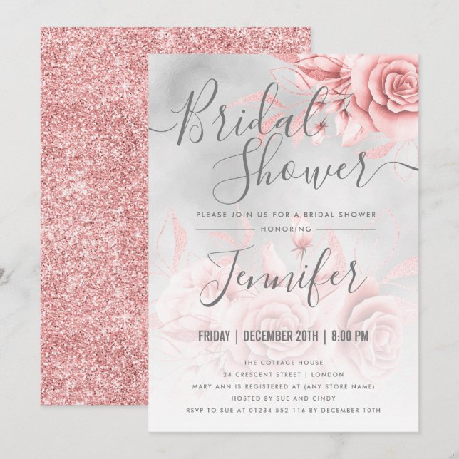 Rose Gold Silver Floral Glitter Bridal Shower Invitation (Front/Back)
