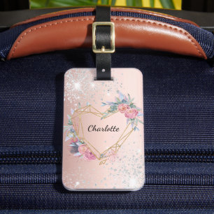 Rose gold silver floral name luggage tag