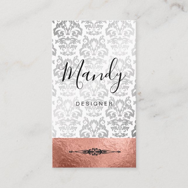 Rose Gold Silver Foil Silver Metallic Damask Business Card (Front)