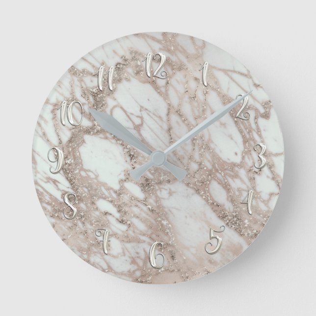 Rose Gold Silver Glam Marble Modern Personalised Round Clock (Front)