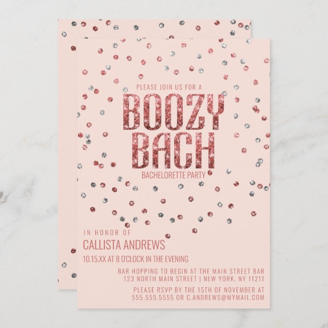 Rose Gold Silver Glitter Confetti Bachelorette Invitation (Front/Back)