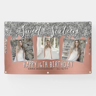 Rose Gold Silver Glitter Drips Photo 16th Birthday Banner