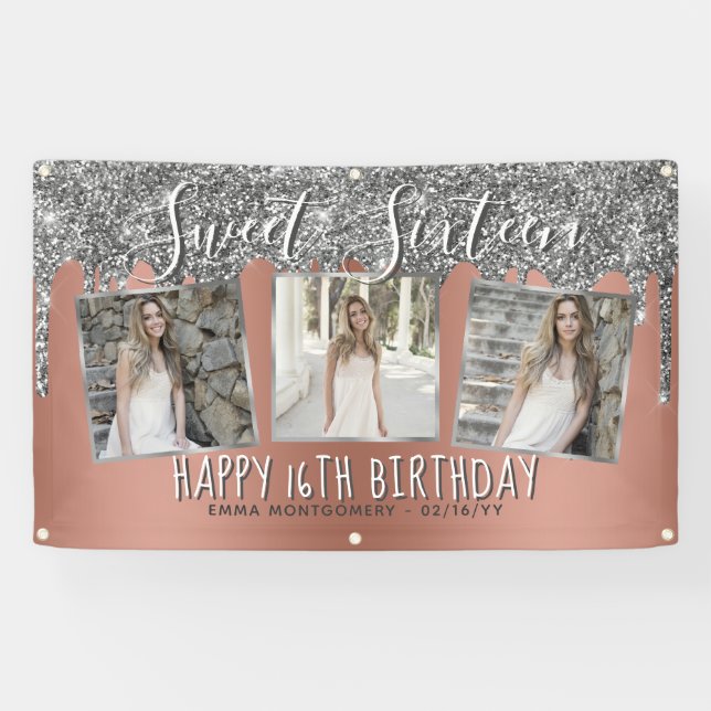 Rose Gold Silver Glitter Drips Photo 16th Birthday Banner (Horizontal)