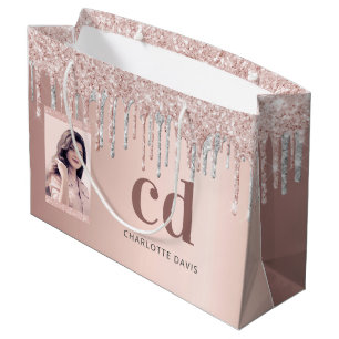 Rose gold silver glitter drips photo monogram large gift bag