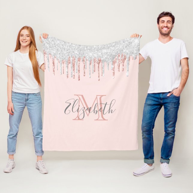 Rose gold silver glitter drips pink monogrammed fleece blanket (In Situ)