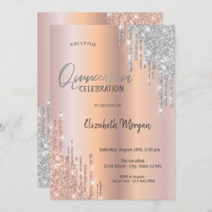 Rose Gold Silver Glitter Drips Quinceañera  Invitation