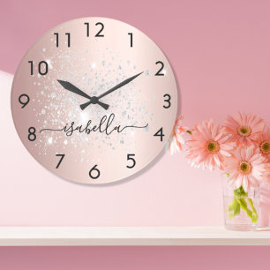 Rose gold silver glitter dust metal name script large clock