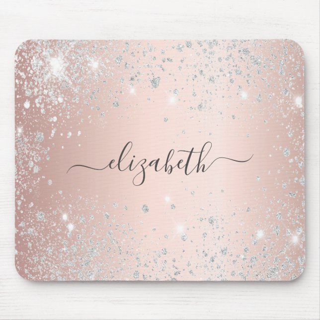 Rose gold silver glitter dust monogram name mouse mat (Front)