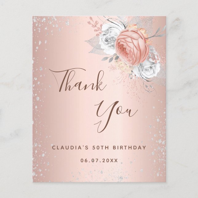 Rose gold silver glitter floral thank you note flyer (Front)