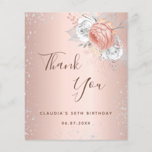 Rose gold silver glitter floral thank you note flyer