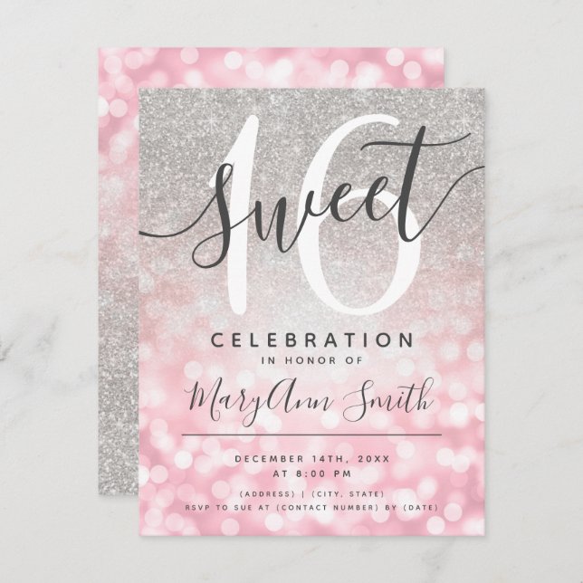 Rose Gold Silver Glitter Glam Lights 16th Birthday Invitation (Front/Back)