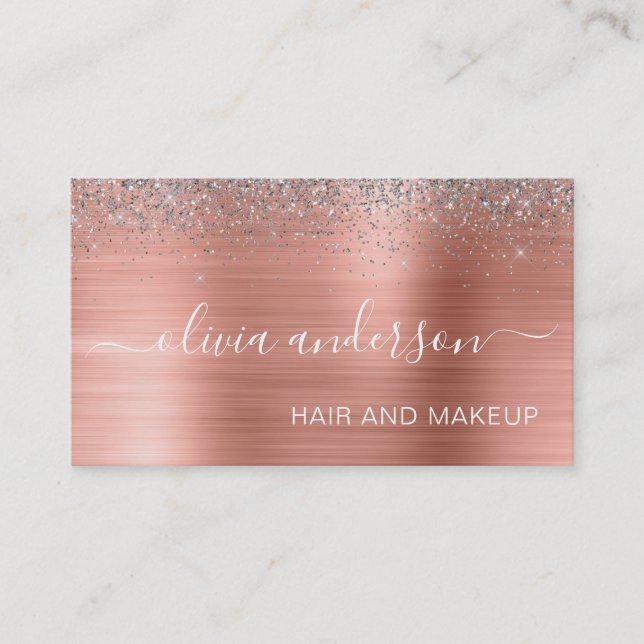 Rose Gold Silver Glitter Hair Makeup Metallic Business Card (Front)