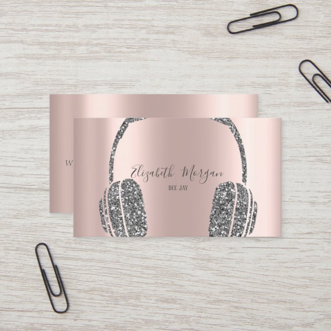  Rose Gold Silver Glitter Headphone DJ  Business Card (Front/Back In Situ)