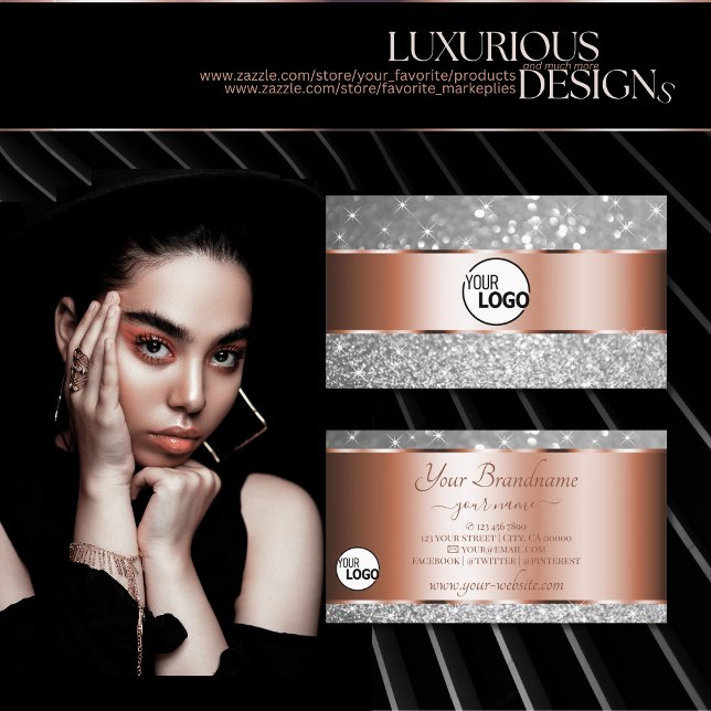Rose Gold Silver Glitter Luminous Stars and Logo Business Card (Creator Uploaded)