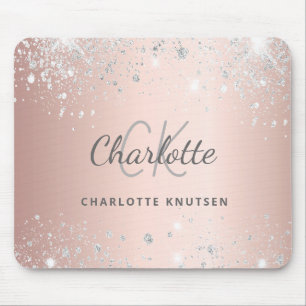 Rose gold silver glitter monogram initails name mouse mat