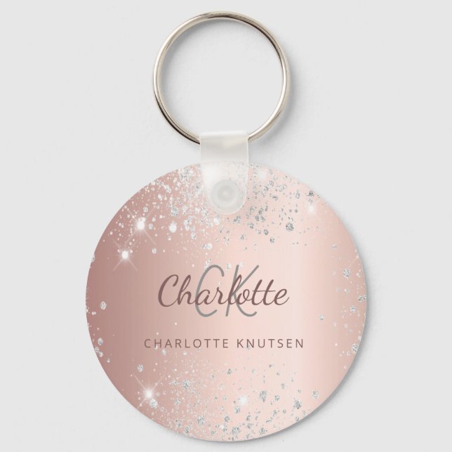 Rose gold silver glitter monogram name  key ring (Front)
