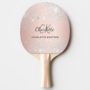 Rose gold silver glitter monogram name ping pong paddle