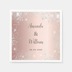 Rose gold silver glitter monogram wedding napkin