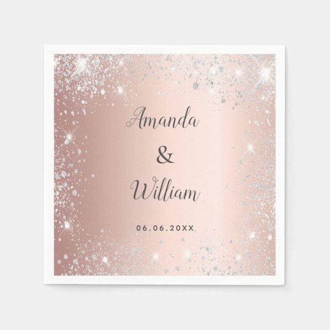 Rose gold silver glitter monogram wedding napkin (Front)