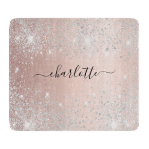 Rose gold silver glitter name script cutting board
